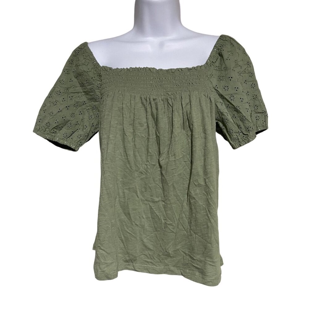 Lucky Brand Olive Green Eyelet Puff Sleeve Square Neck Top Womens Size Small